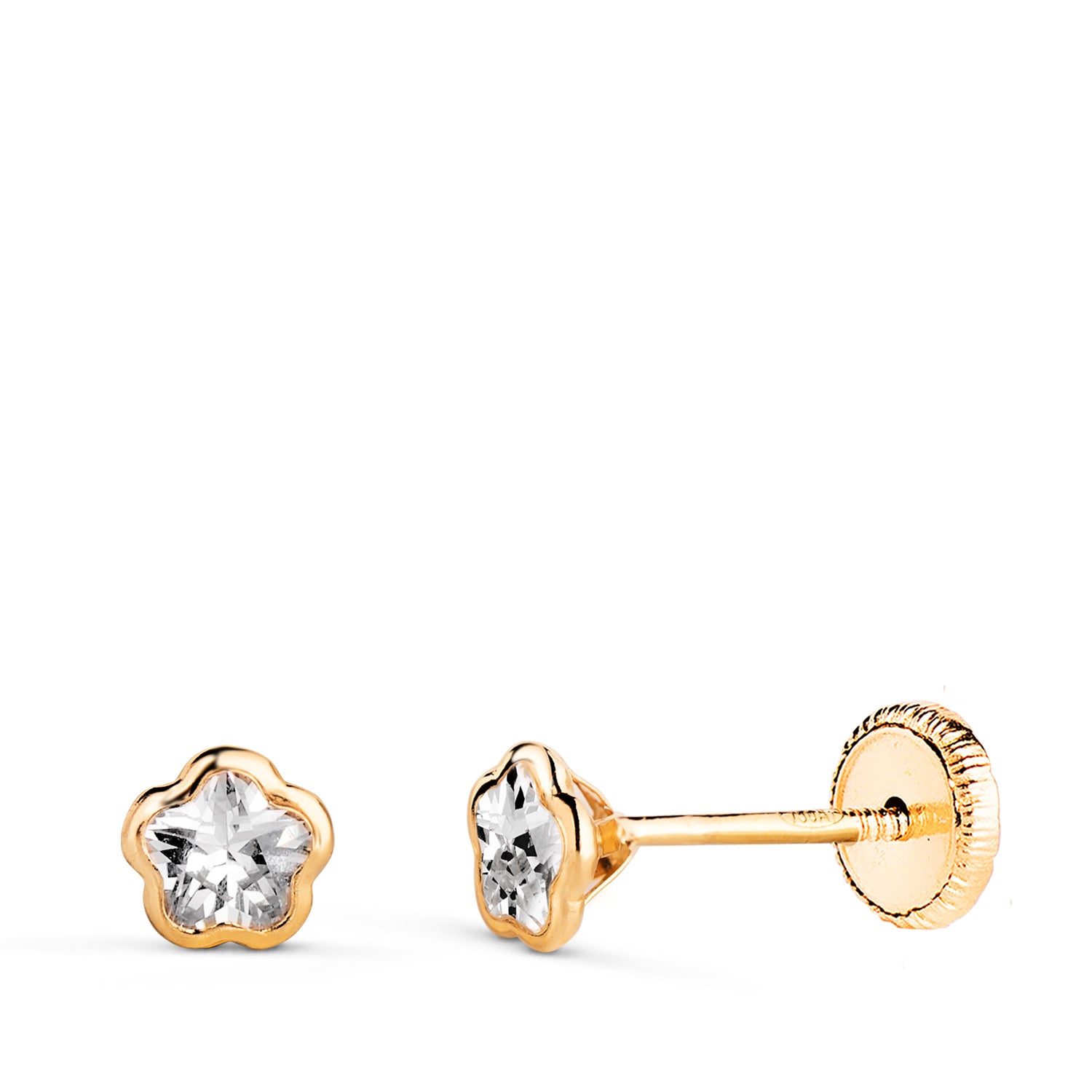 Boucles d'oreilles Or Jaune 18K Chaton Fleur Zirconia Taille : 4,5 X 4,5 mm Fermeture à Vis