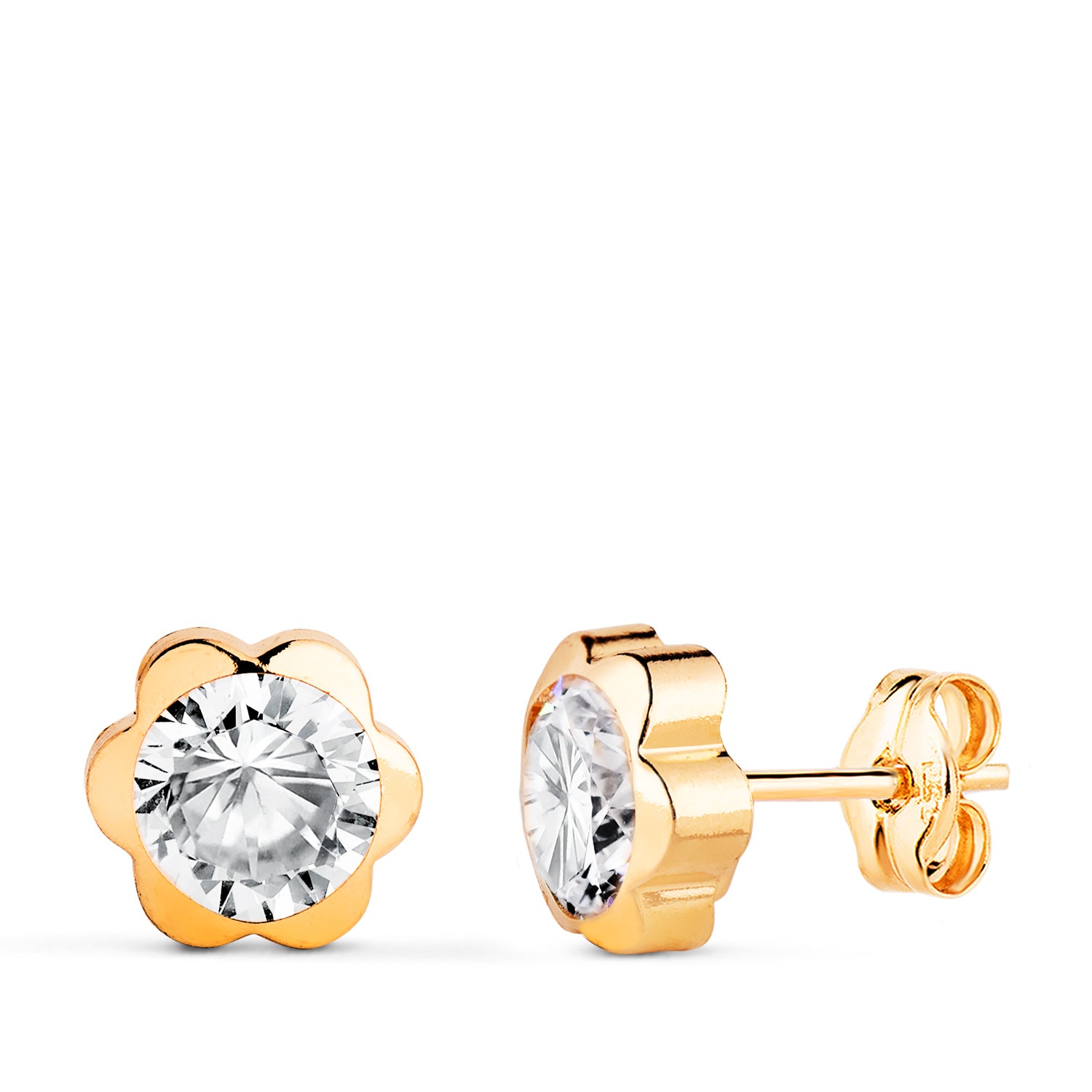 Boucles d'oreilles Or Jaune 18K Marguerite Chaton avec Zirconia Taille : 7,5 X 7,5 mm Bouton Pression