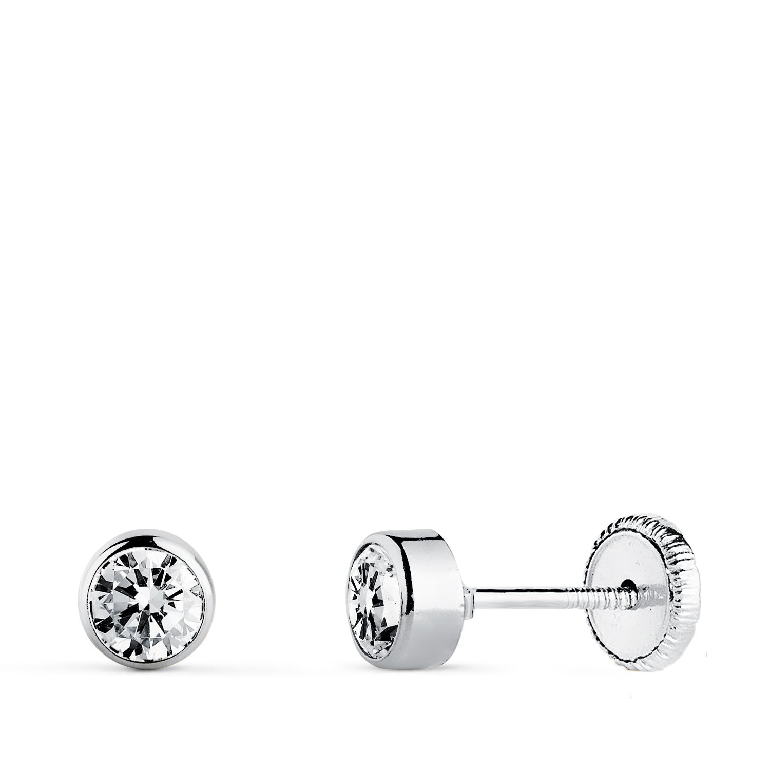 Boucles d'oreilles Or Blanc 18K Chaton Bocel Rond avec Zircon 4 mm Fermoir à Vis