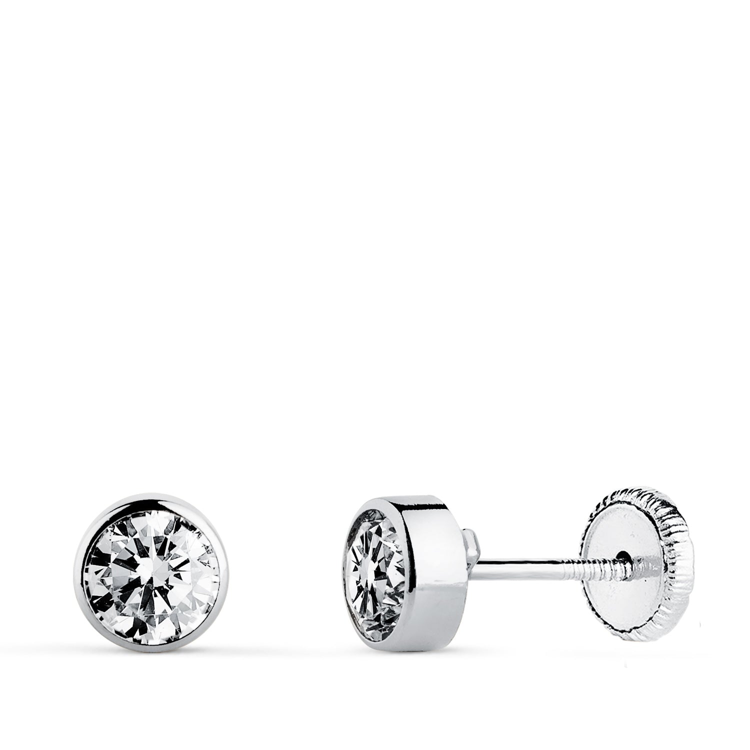 Boucles d'oreilles Or Blanc 18K Chaton Bocel Rond avec Zircon Cubique 5 mm Fermoir à Vis