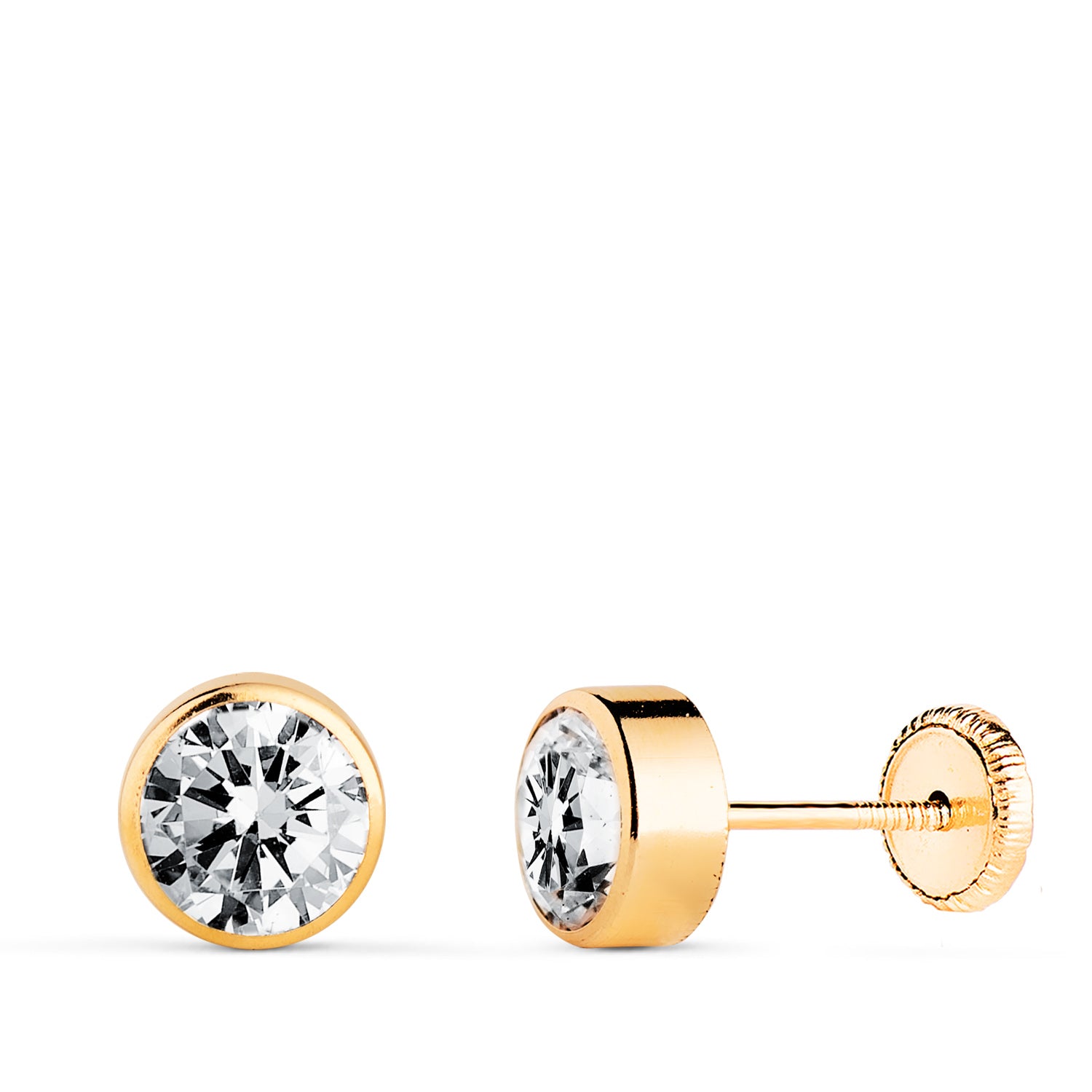 Boucles d'oreilles Or Jaune 18K Zircone Ronde 6 mm Fermoir a Vis
