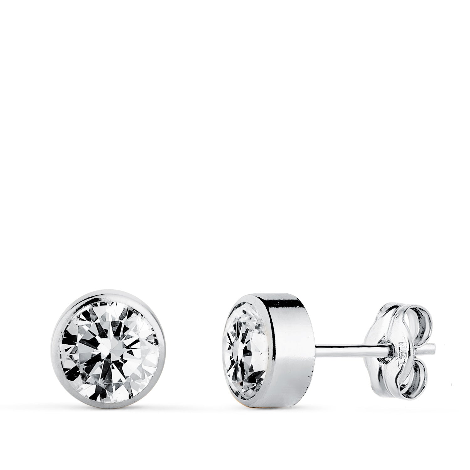 Boucles d'oreilles en Or Blanc 18K avec Chaton Rond et Zircon Cubique avec Fermoir Poussettes Papillon de 6 mm