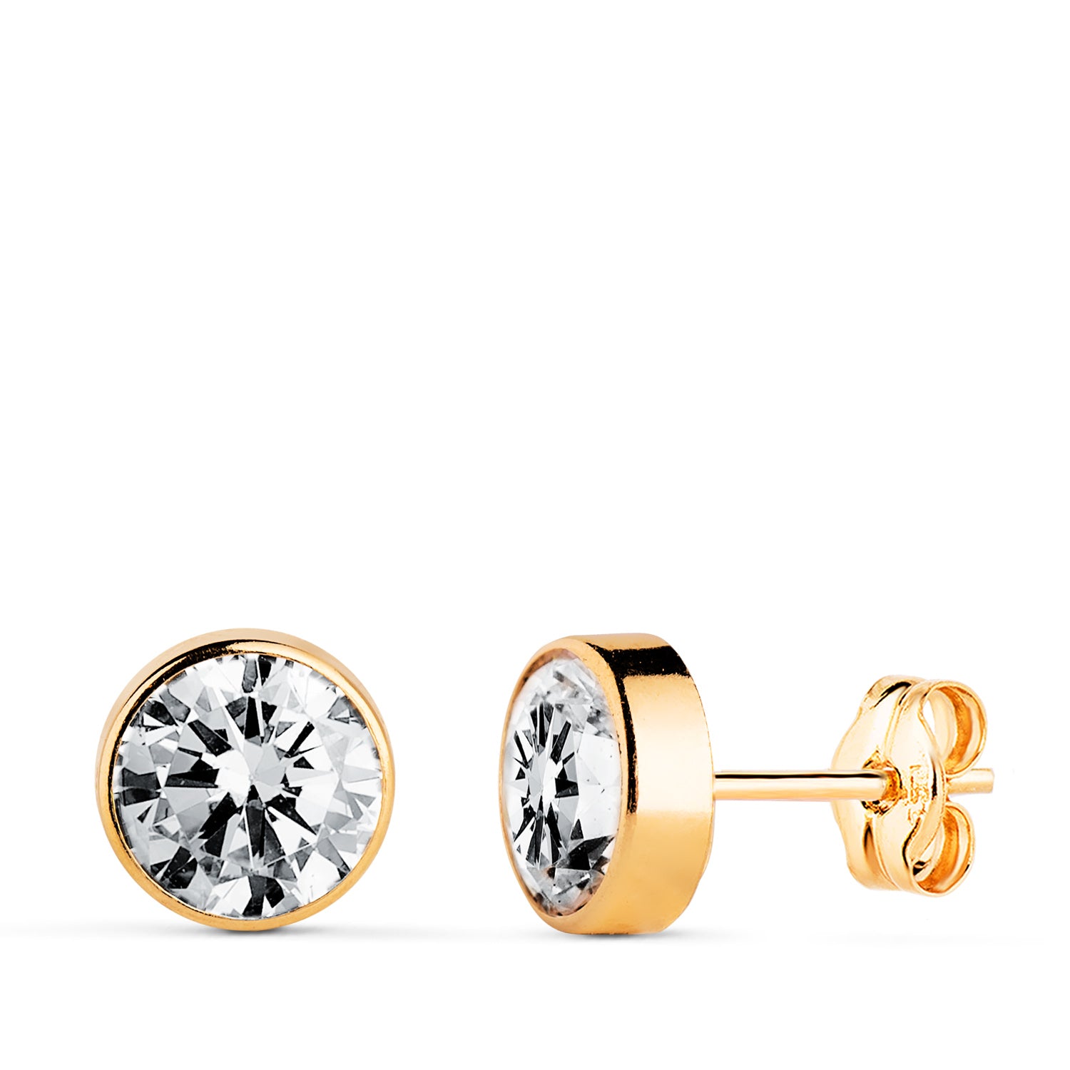 Boucles d'oreilles Chaton Rondes Zircone 7 mm Or Jaune 18K Fermoir Poussettes Papillon