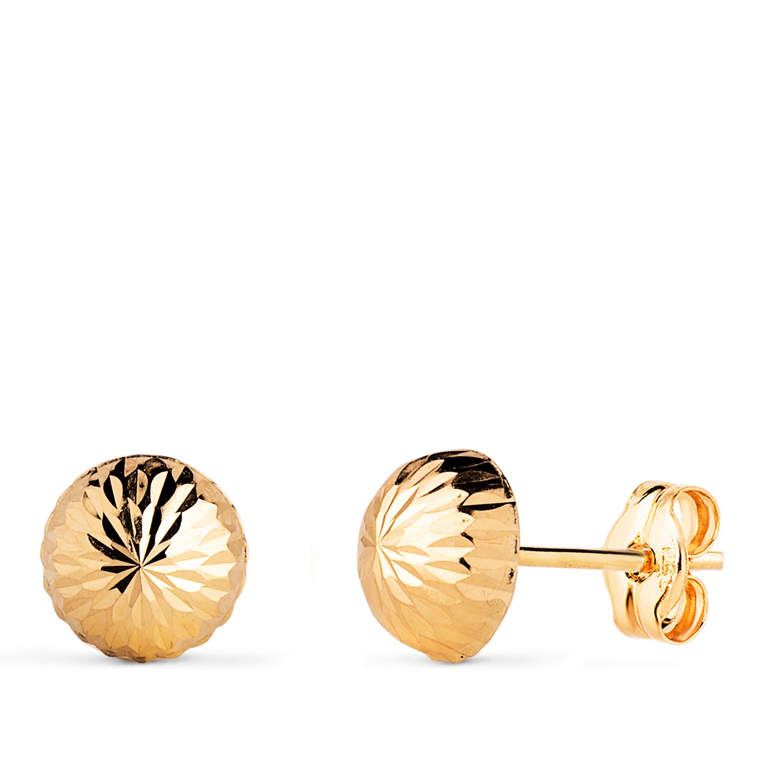 18 K gul guld skulpturelle halv hule kugleøreringe. Bredde: 7 mm trykknapper