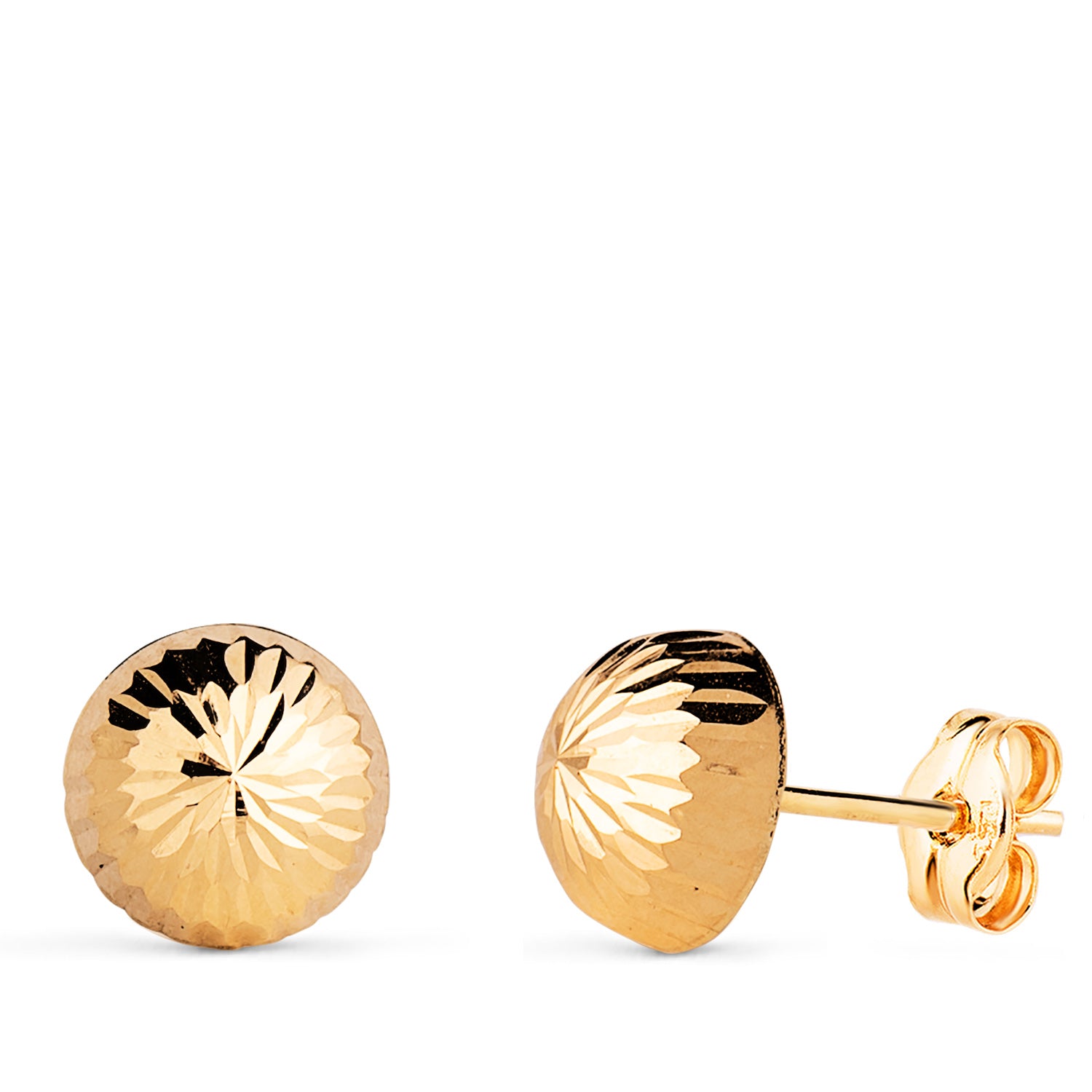 18 K gul guld skulpturelle halv hule kugleøreringe. Bredde: 8 mm trykknapper