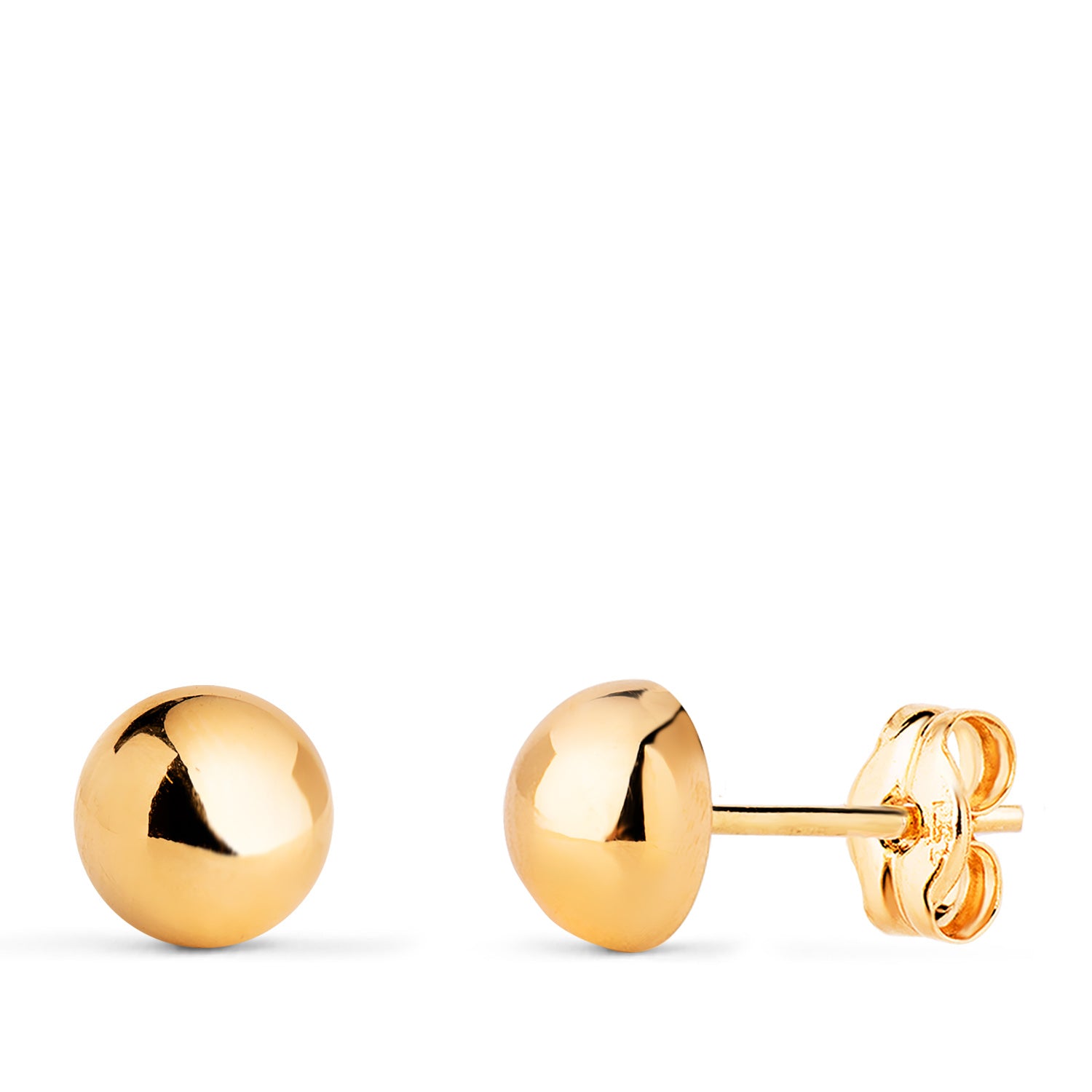 18K Yellow Gold Earrings Half Hollow and Smooth Ball Width: 6 mm Snap Closure