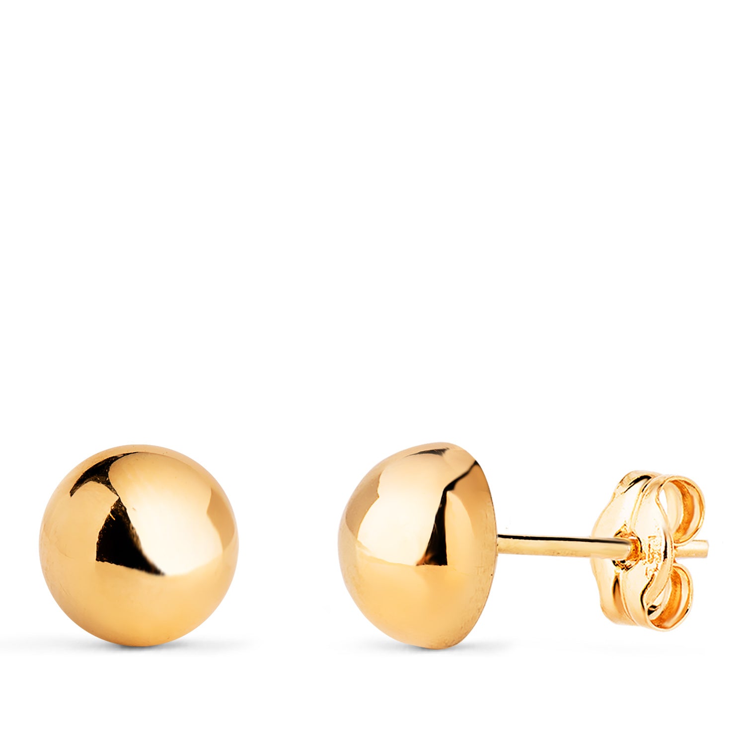 18K Yellow Gold Earrings Half Hollow and Smooth Ball Width: 7 mm Press studs