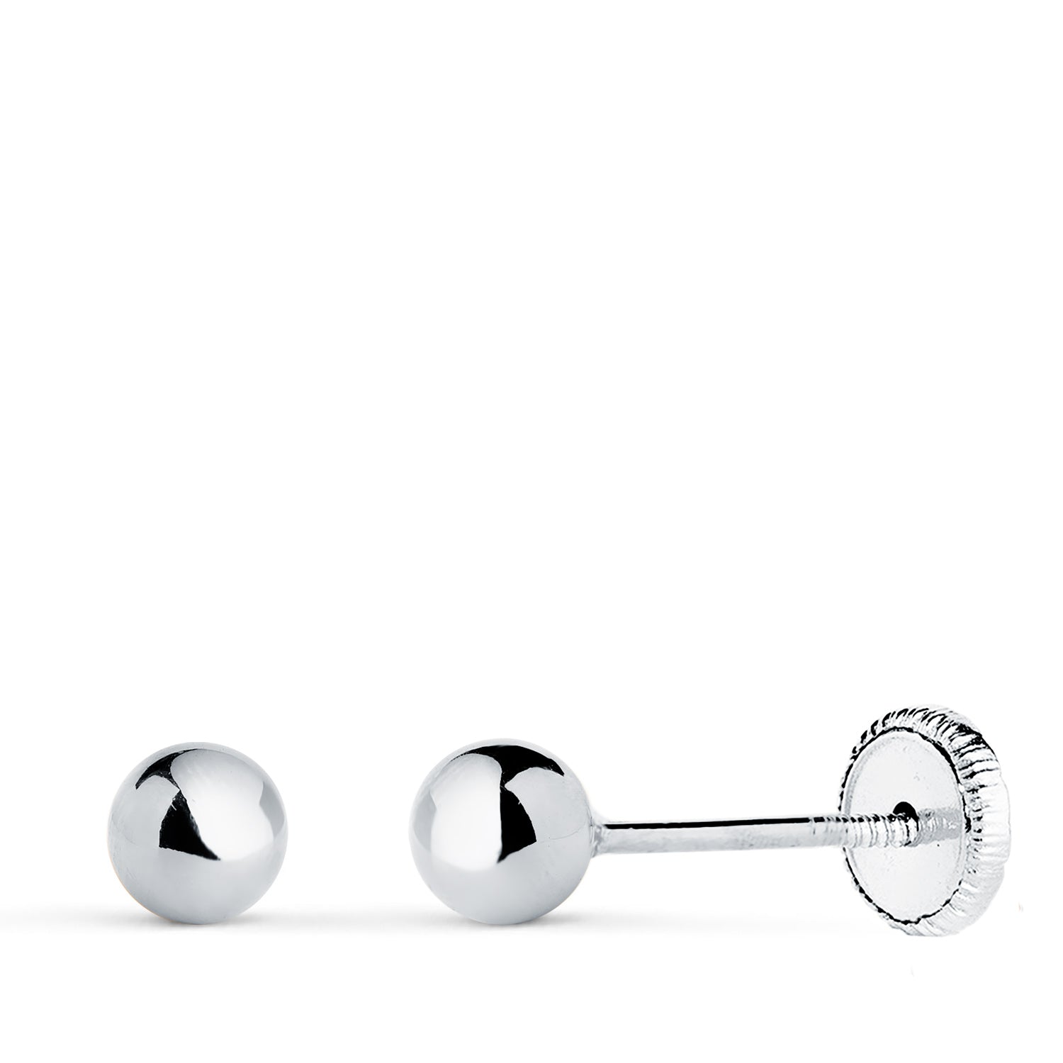 Boucles d'oreilles Or Blanc 18K Boule Lisse Brille Creux Largeur : 4 mm Fermeture à Écrou