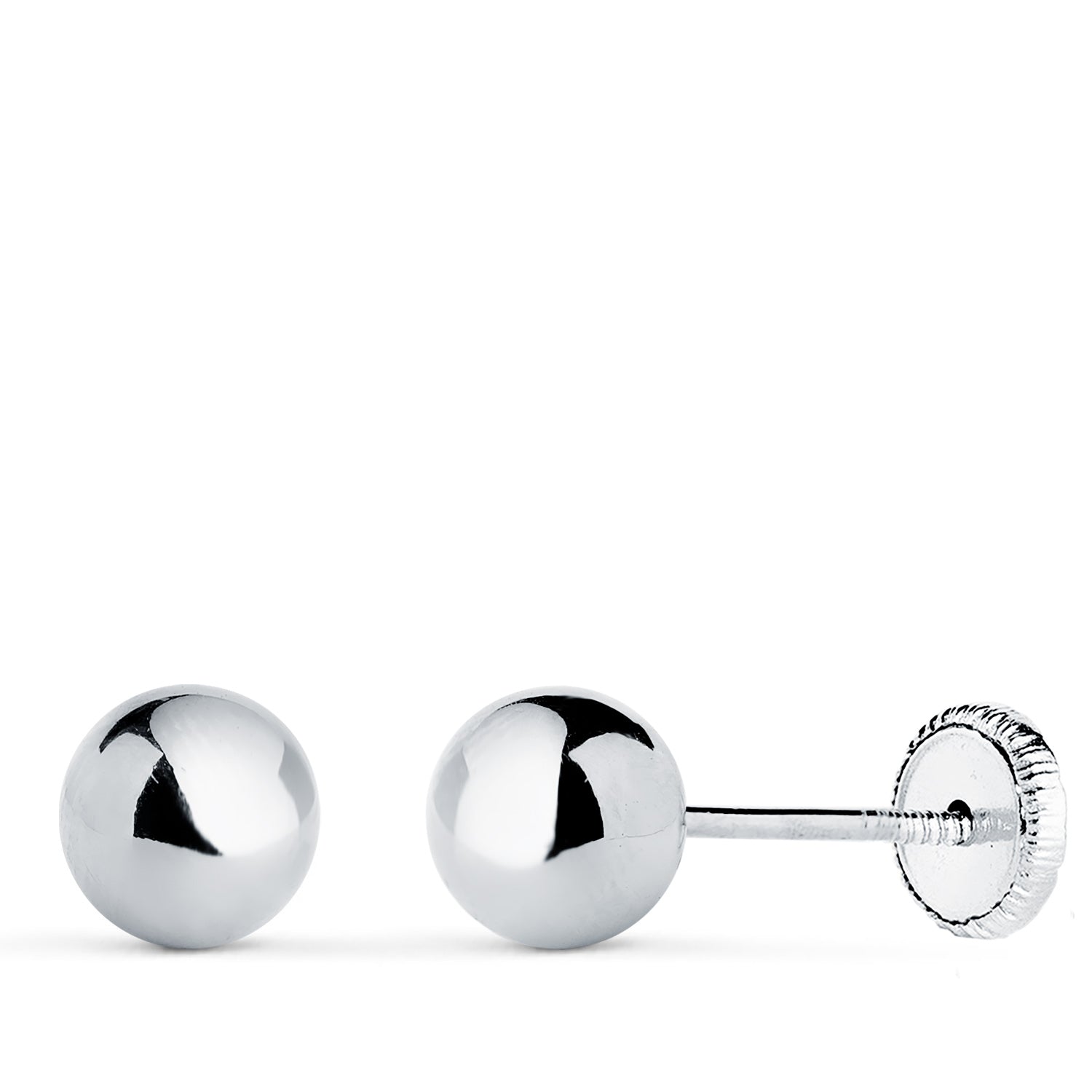 Boucles d'oreilles Or Blanc 18K Boule Lisse Brille Creux Largeur : 6 mm Fermeture à Écrou