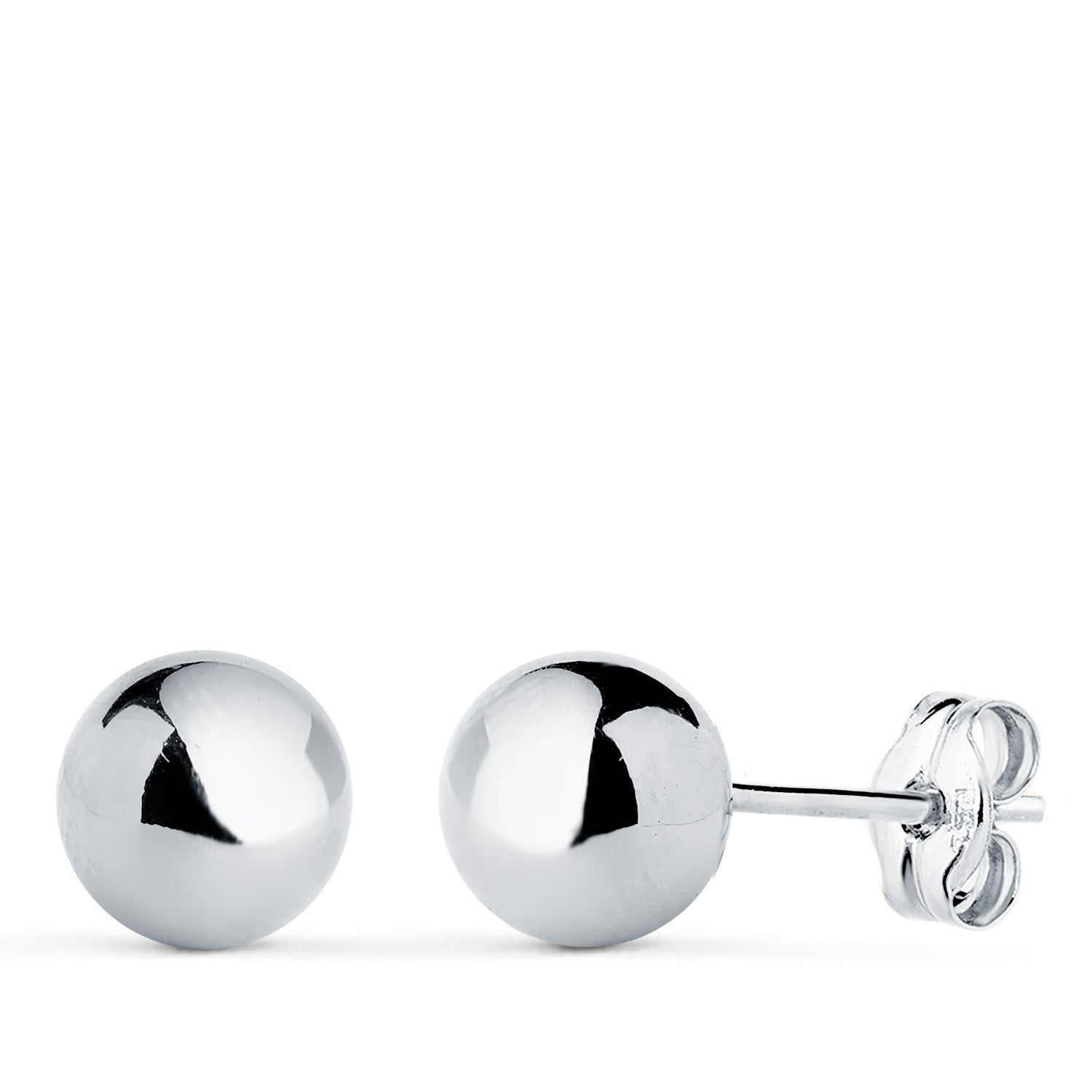 Boucles d'oreilles en Or Blanc 18K Boule Lisse et Creuse Brillante Largeur : 7 mm Boutons de Pression