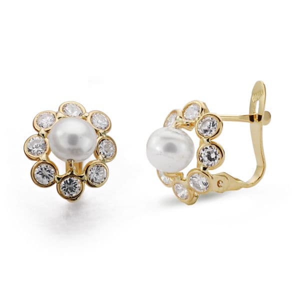 Boucles d'oreilles Or Jaune 18K Perle Zircone 11X9 mm Fermoir Catalan
