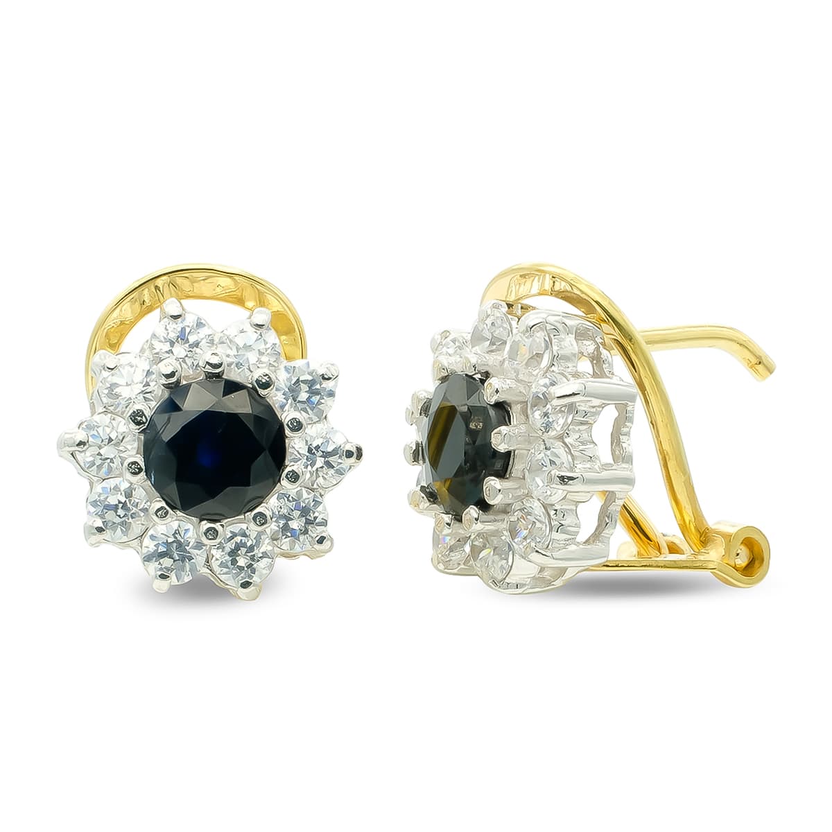 Pendientes Oro Bicolor 5 mm Zafiro y Circonitas Cierre Omega