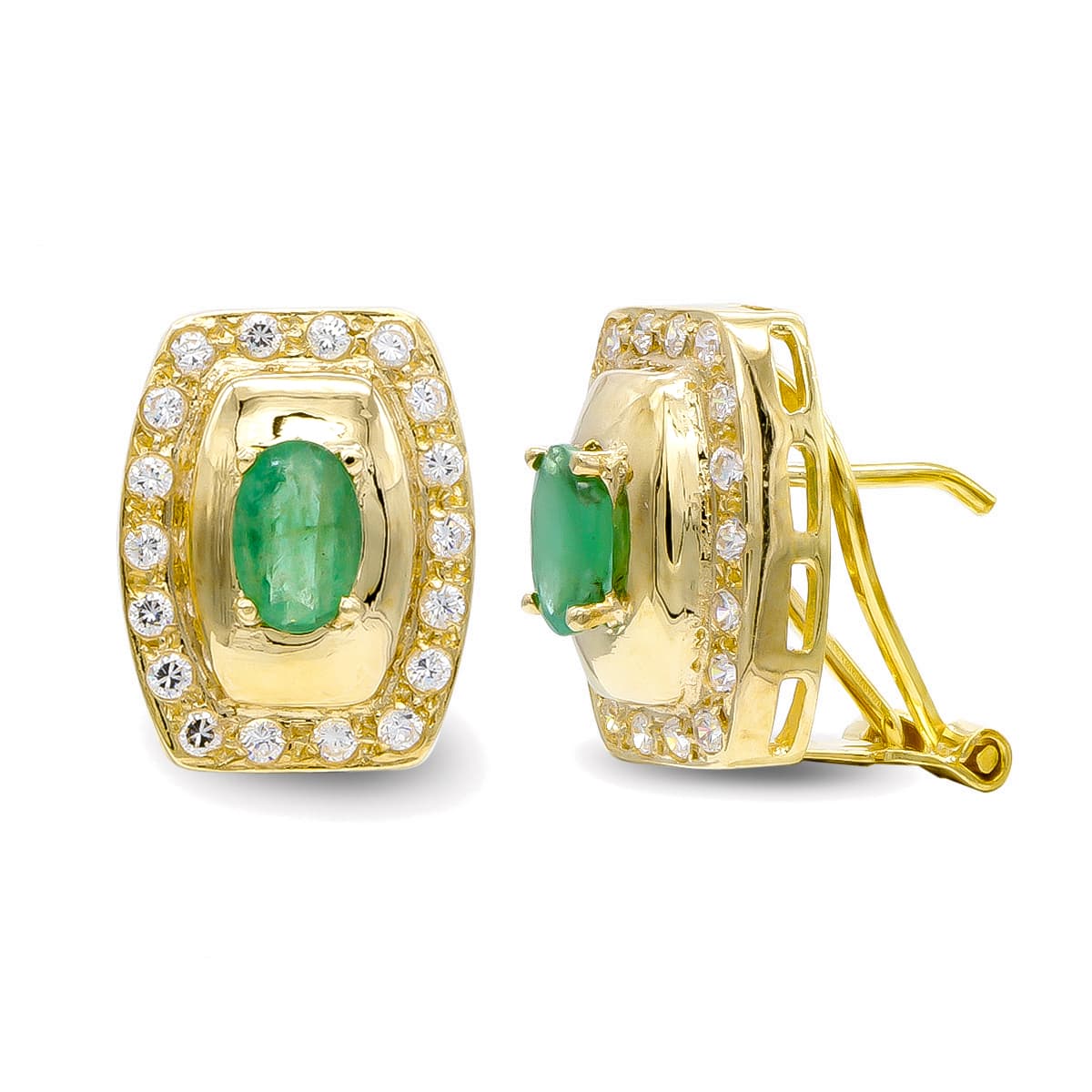 18K Boucles d'oreilles en Or Jaune Émeraude 6X4 mm Zircons Fermoir Omega