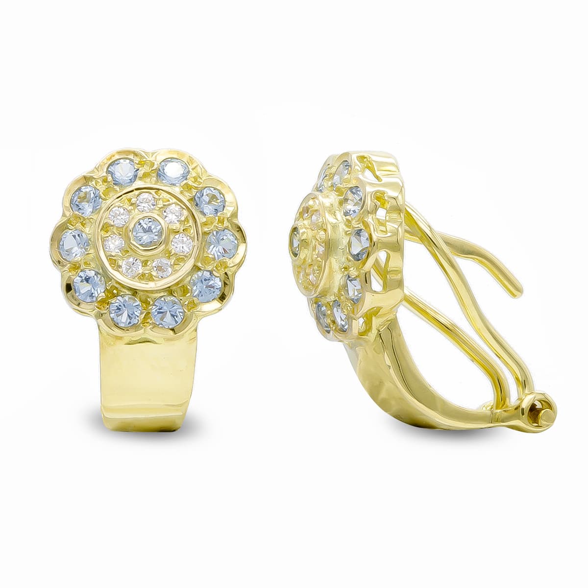 18K Boucles d'oreilles en Or Jaune Pierres Aiguemarine et Zircons Fermoir Omega