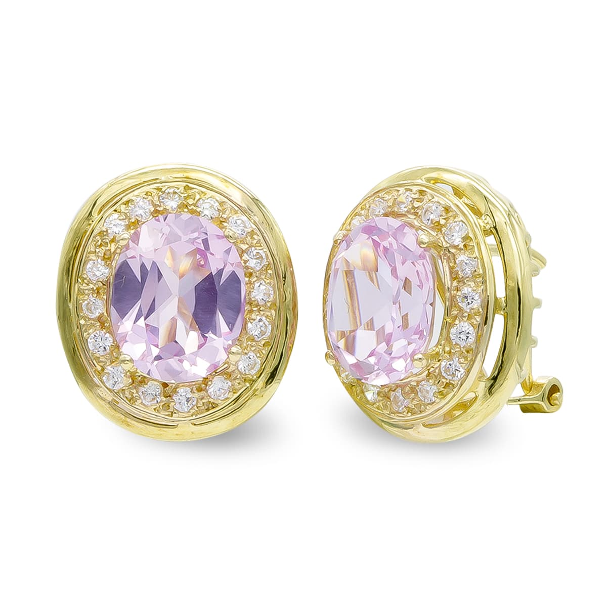 18K Boucles d'oreilles Or Jaune Pierre Rose 10 X 8 mm Zircons Fermoir Omega