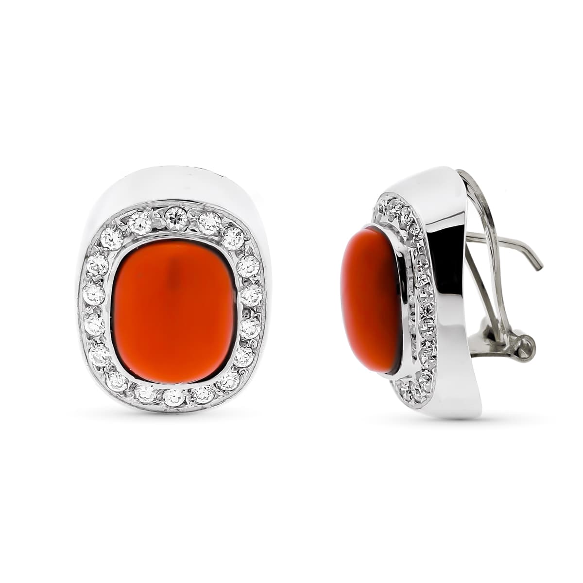 Pendientes Oro Blanco 18K y Coral con Circonitas Cierre Omega