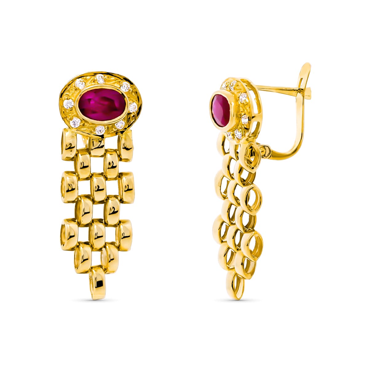 18K Boucles d'oreilles Or Jaune Panter et Pierre Rubis 6 X 4 mm Fermoir Catalan