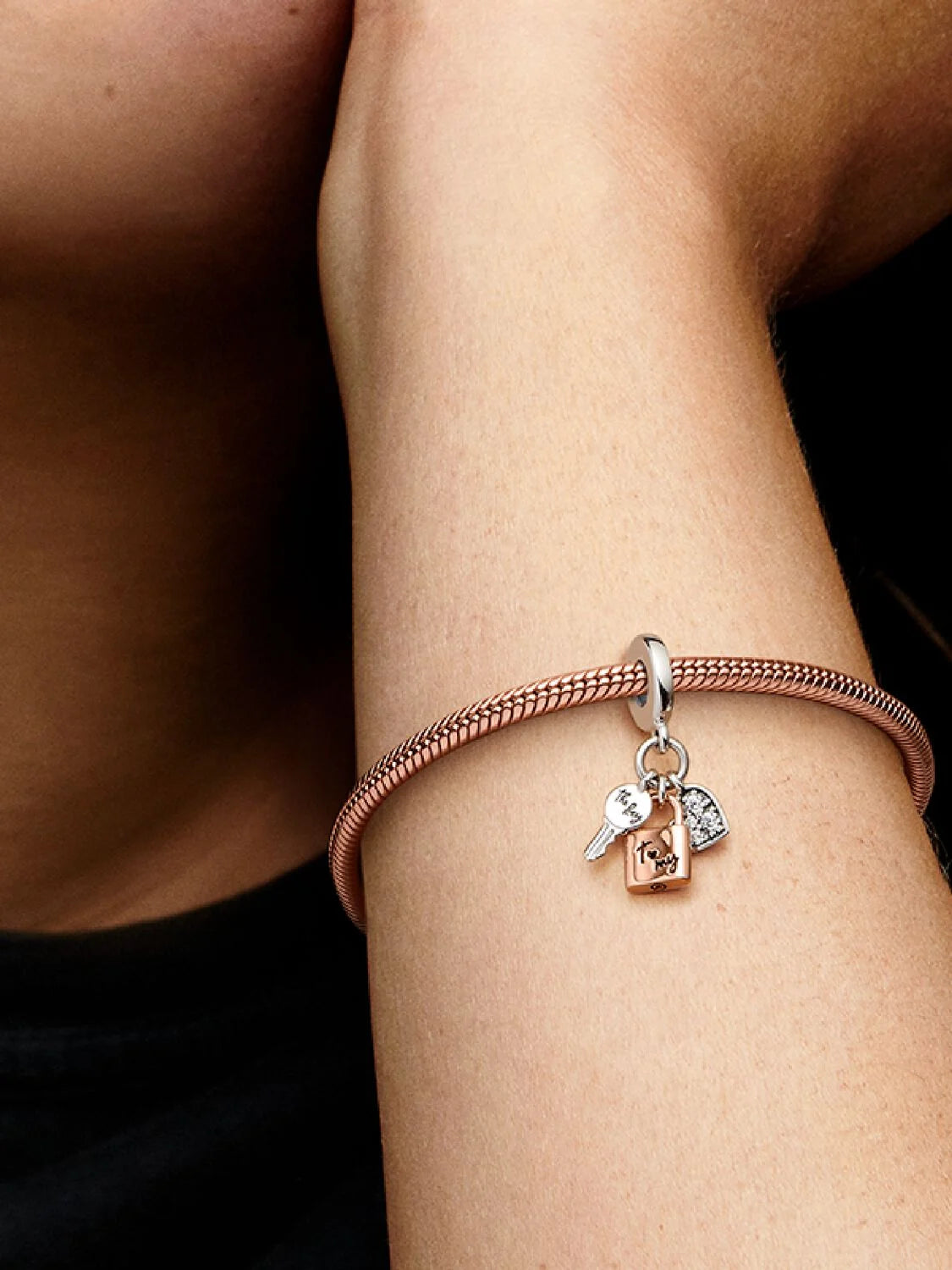 Two-tone heart padlock triple key pendant charm | Pandora