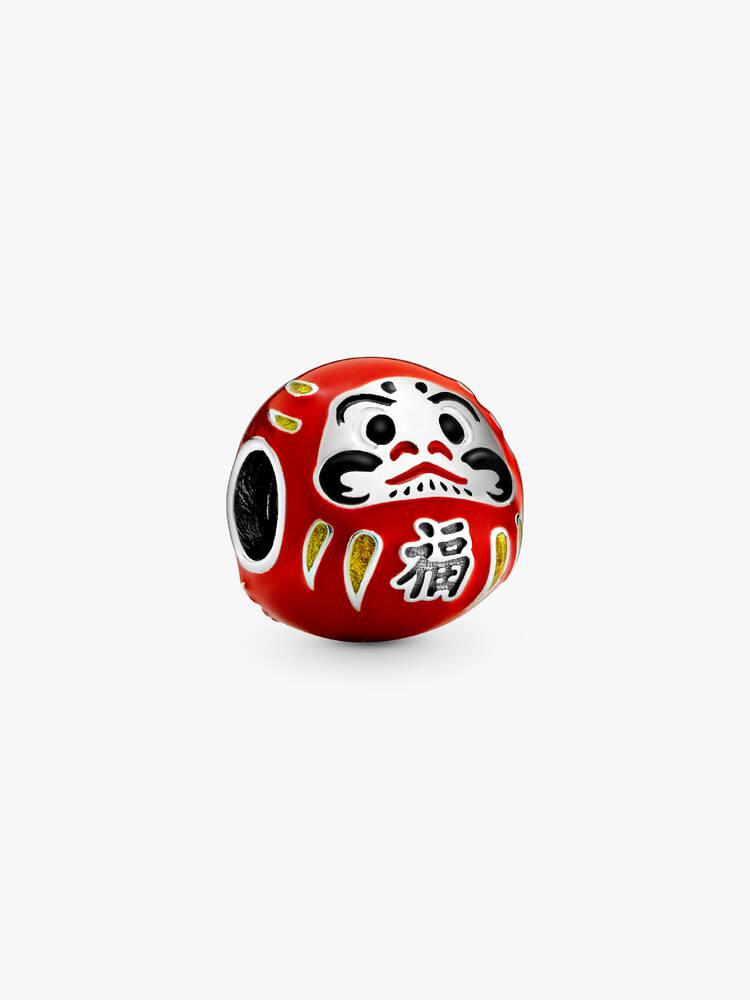 Stříbrný přívěsek pro panenku Daruma s červeným, černým, bílým a zlatým smaltem