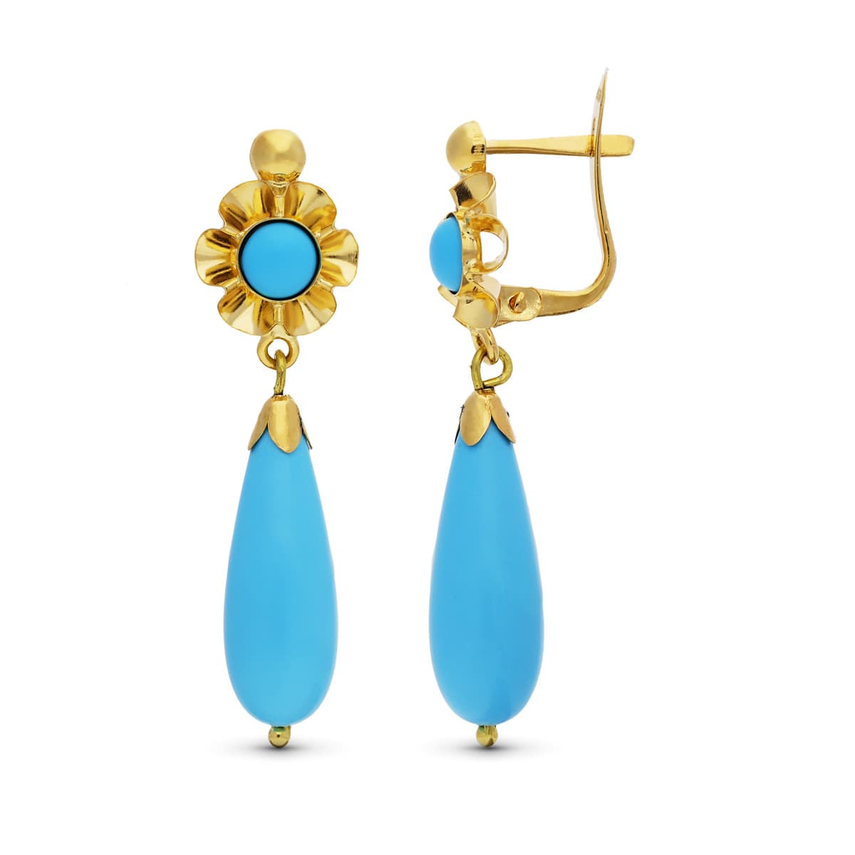 18K Yellow Gold Turquoise Drop Earrings Catalan Clasp