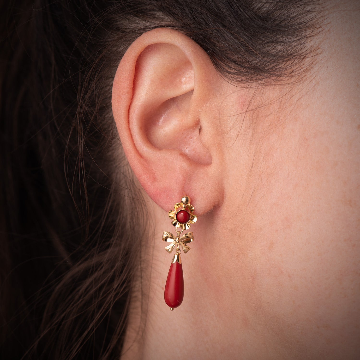 Boucles d'oreilles N?ud Coralline Or Jaune 18K 36X12 mm Fermoir Catalan