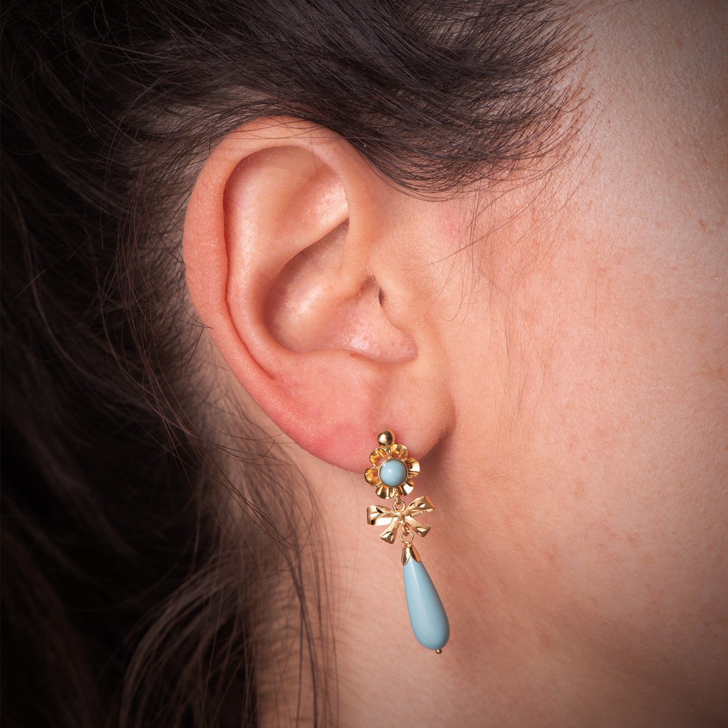 Pendientes Oro Amarillo 18K Nudo Turquesa Cierre Catalán 33X10 mm