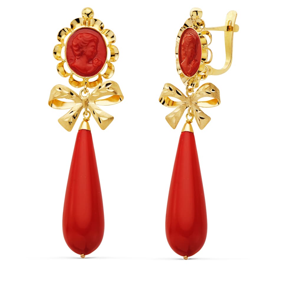 Boucles d'oreilles Or Jaune 18K Coralline N?ud Camée 62X18 mm Fermoir Catalan