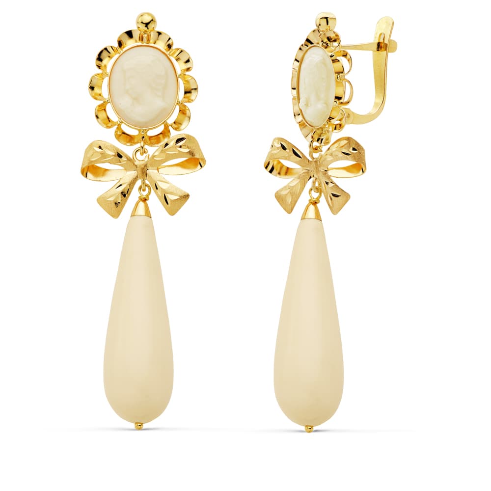 Boucles d'oreilles Camée N?ud Ivoire Or Jaune 18K 62X18 Fermoir Catalan
