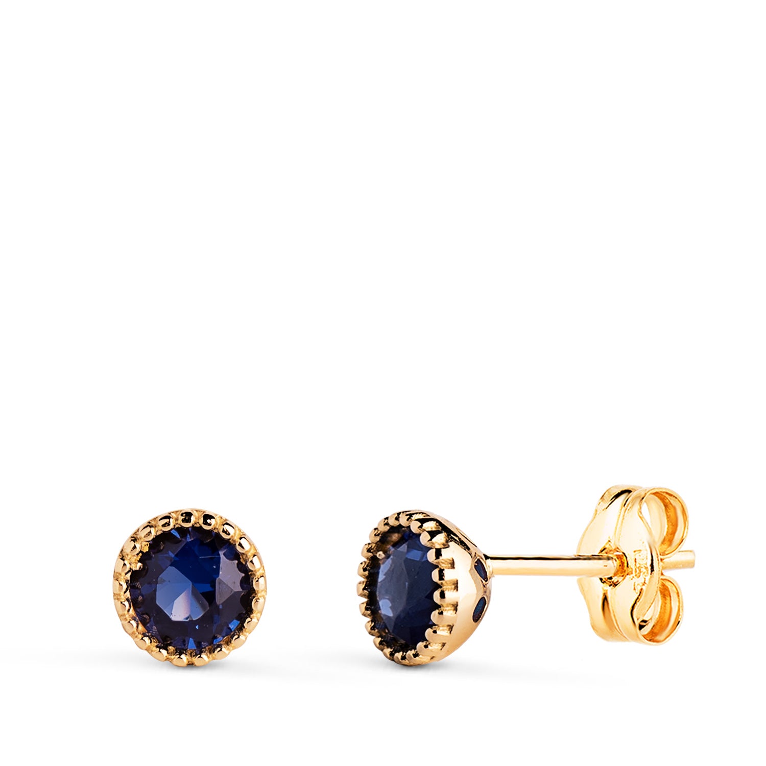 Boucles d'oreilles Or Jaune 18K Pierres Bleues Rondes Taille : 5MM Fermoir Poussettes Papillon