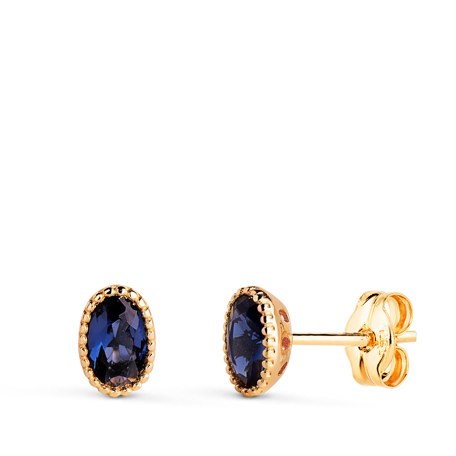 Boucles d'oreilles Or Jaune 18 Carats Perles Ovales en Pierre Bleue Taille : 6 X 4MM Fermoir Poussettes Papillon