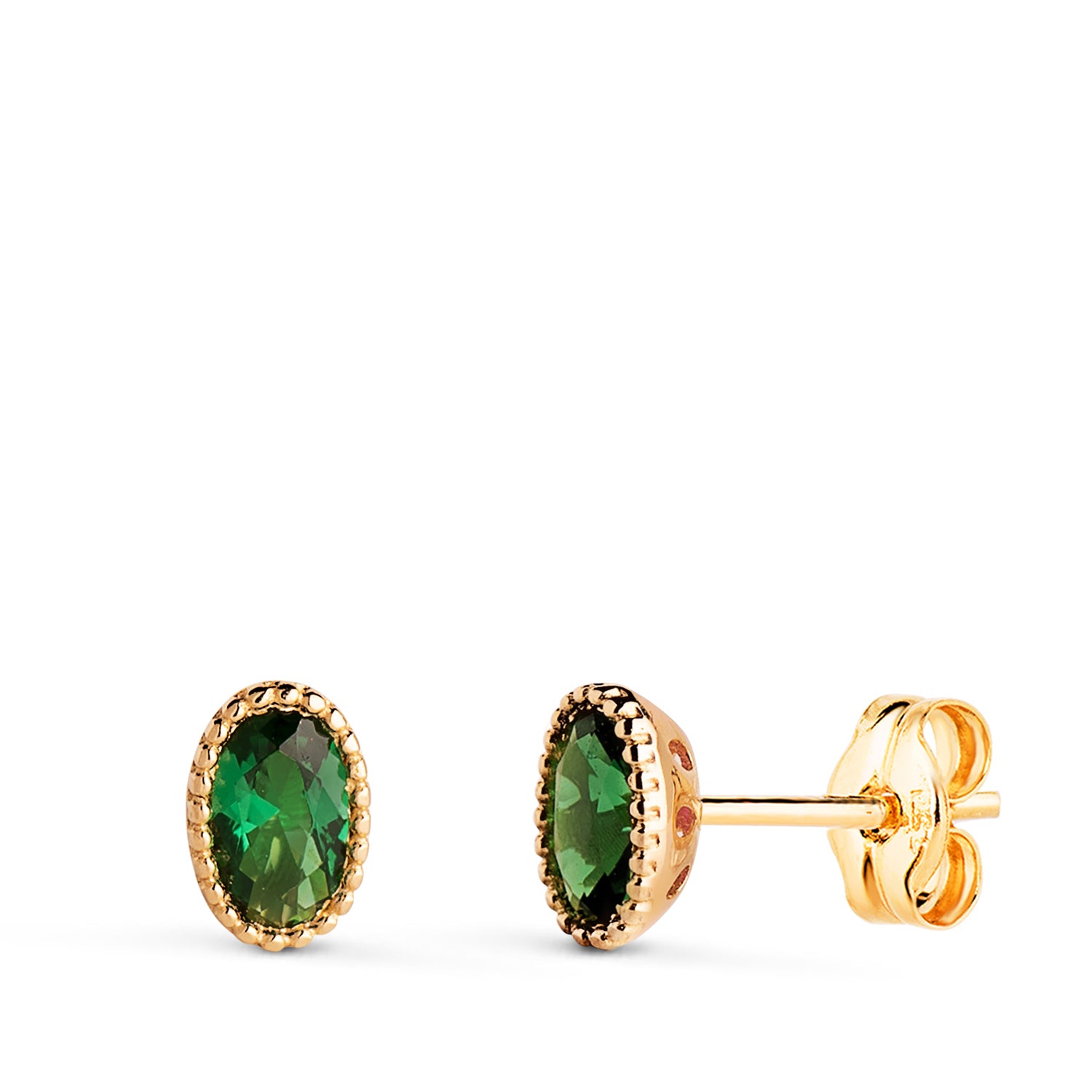 Boucles d'oreilles Or Jaune 18K Pierre Verte Ovale avec Bordures en Perles Taille : 6 X 4MM Fermoir Poussettes Papillon