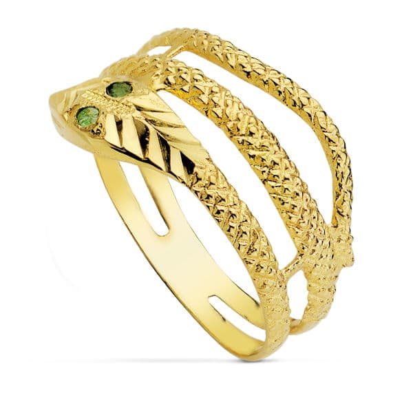 18K Bague Serpent en Or Jaune et 2 Émeraudes