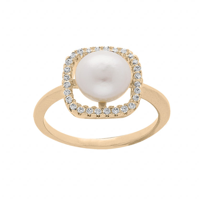 Vierkante vergulde ring met witte oxiden en gekweekte parel