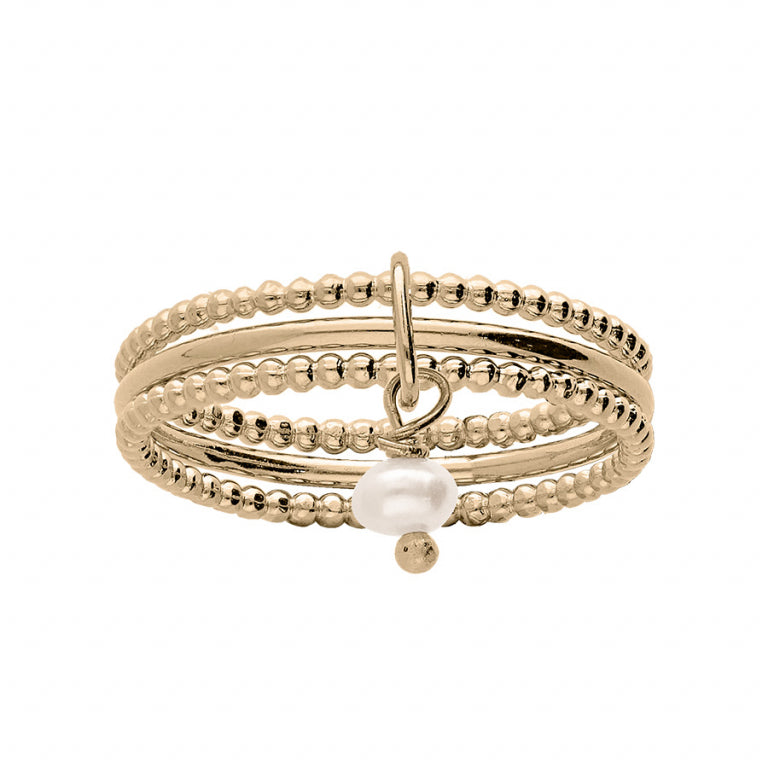 Anello con 3 anelli placcati oro cesellati e lisci con perla coltivata d'acqua dolce