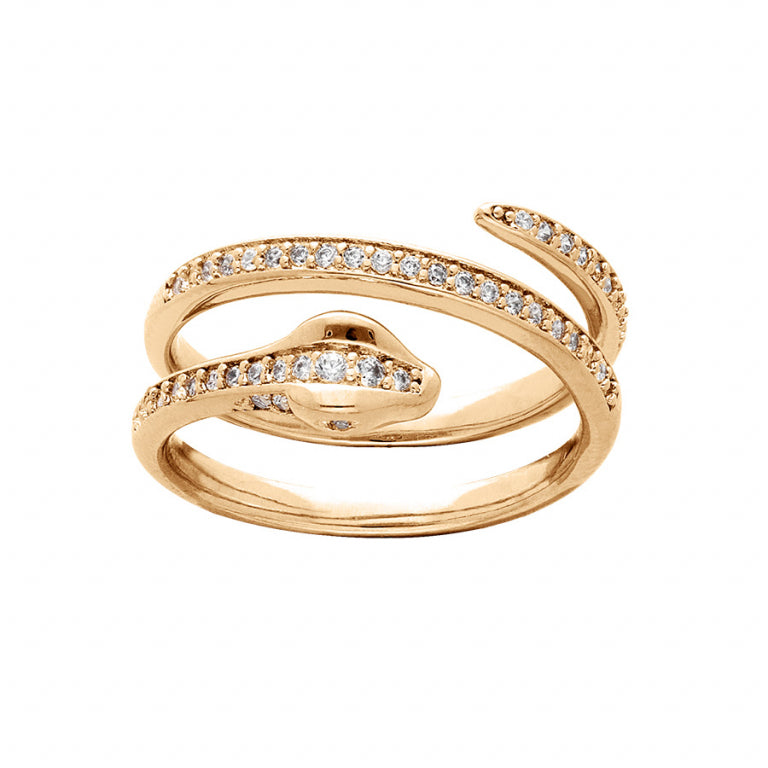Coiled snake ring in gold plated with set white oxides