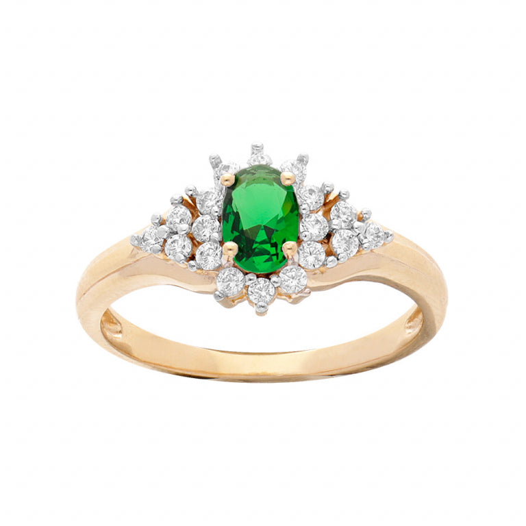 Gold-plated ring with green and white zirconium oxides set