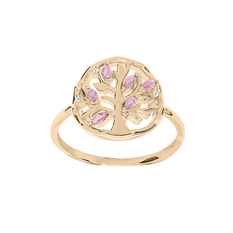 Bague arbre de vie en plaqué or avec oxydes de zirconium roses