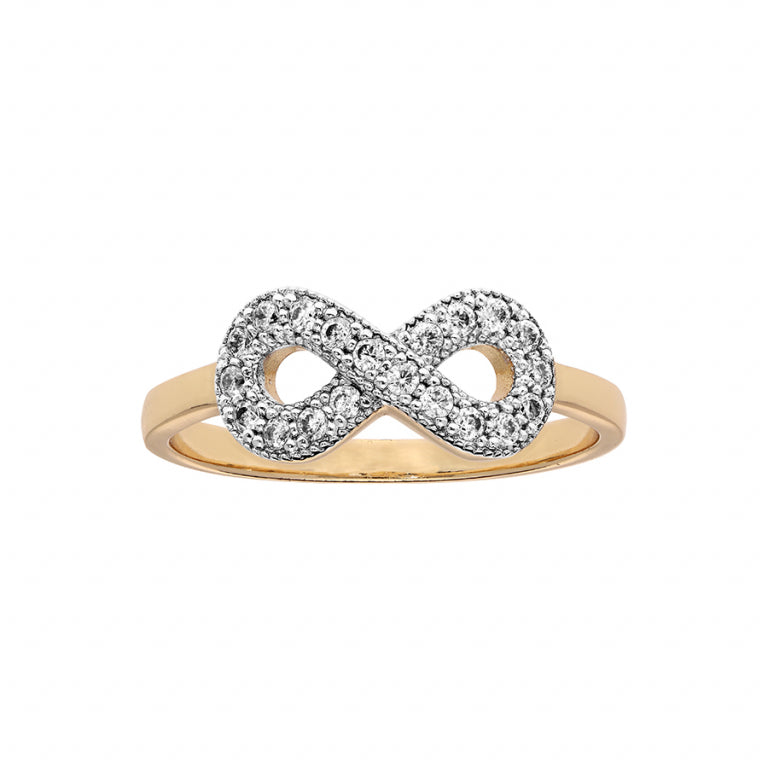 Gold-plated infinity pattern ring with white synthetic stones