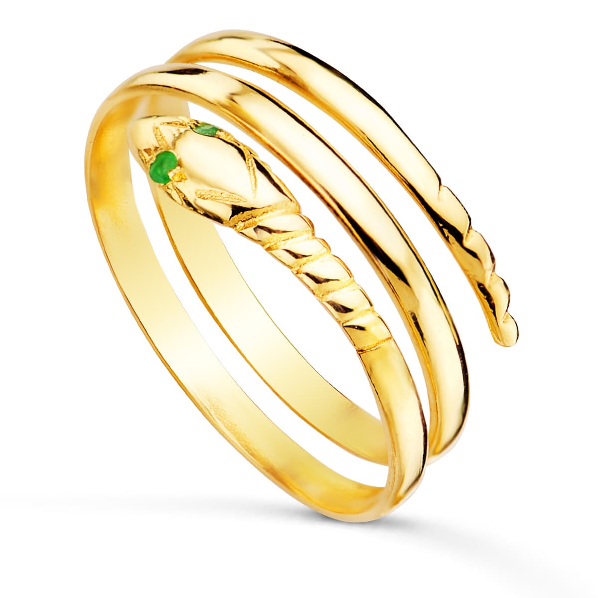 18K Bague en Or Jaune Serpent avec Yeux Emeraudes