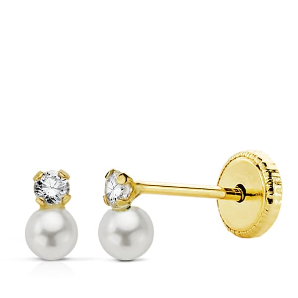 Boucles d'oreilles en Or Jaune 9K Perles et Zirconium 6 X 3,5 mm Fermoir à Écrou
