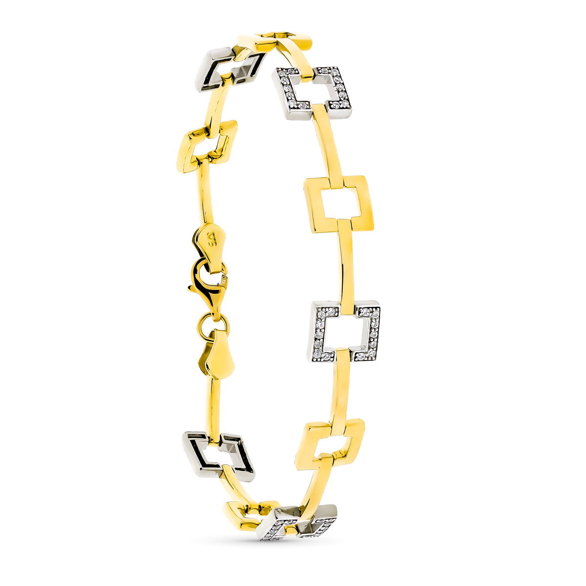 Bracciale in Oro Bicolore 9K con Quadrati e Zirconi. 19 cm