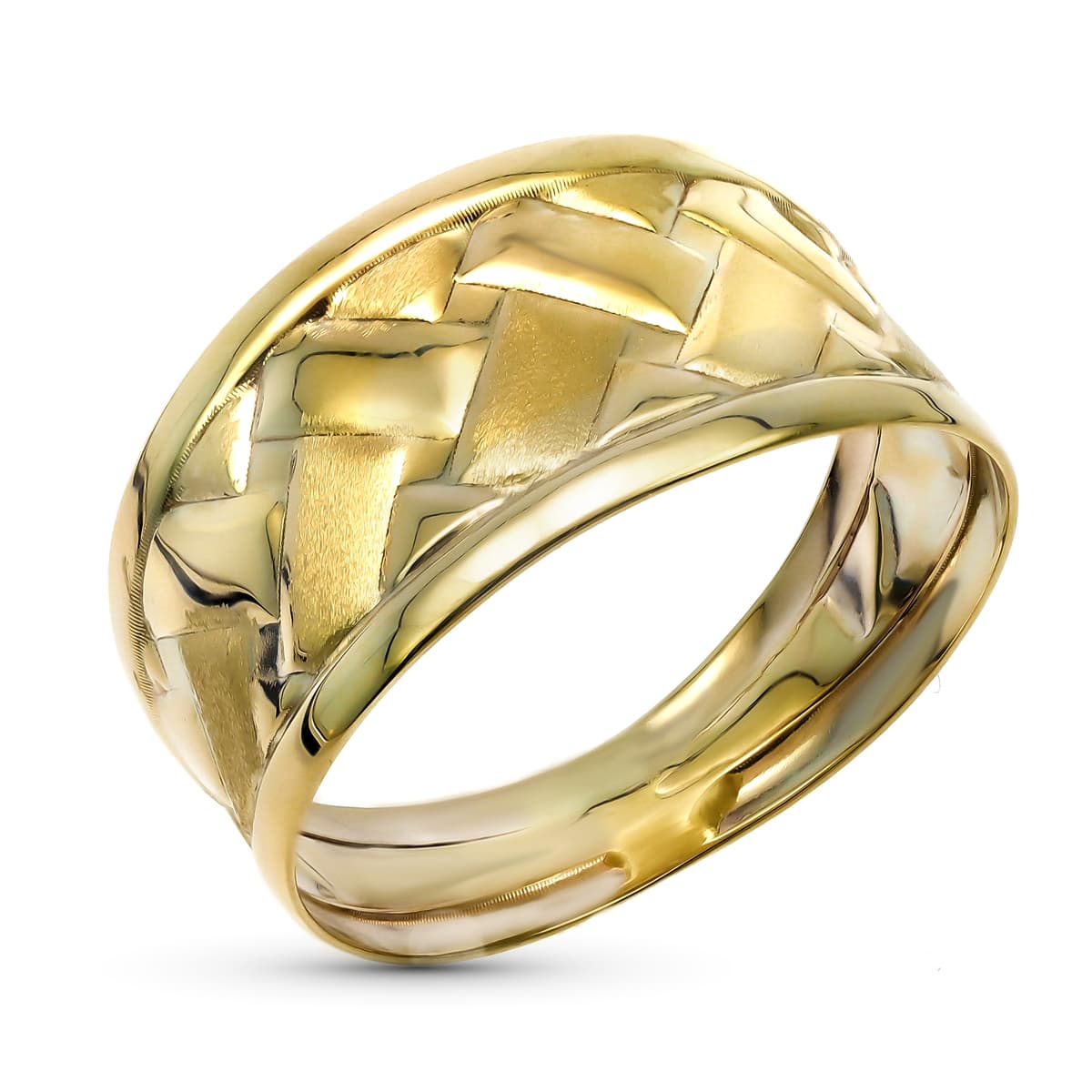 Flätad ring i 9K gult guld med blanka kanter. Bredd: 11 mm