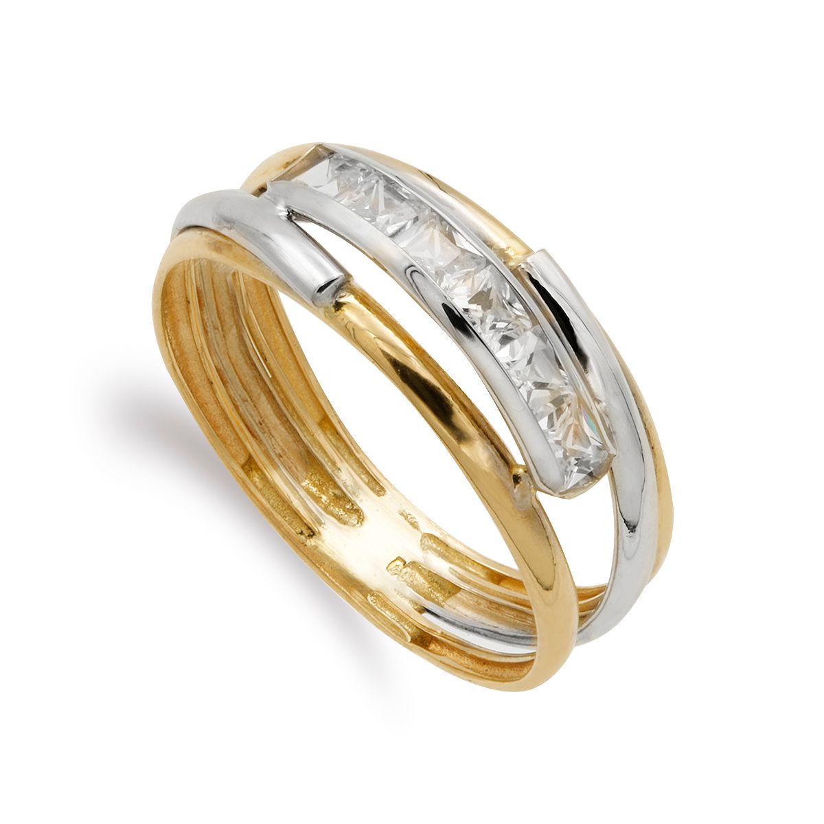 Bague en Or Bicolore 9K avec Bandes avec Zircon sur Rail Largeur : 6,5 mm