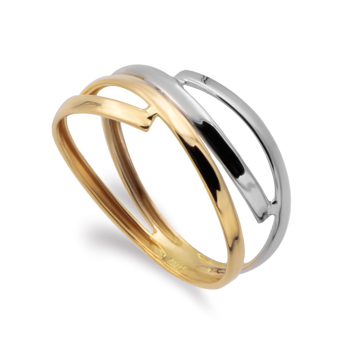 9K Two-tone Gold Ring with Crossed Pulie Bands Width: 8 mm