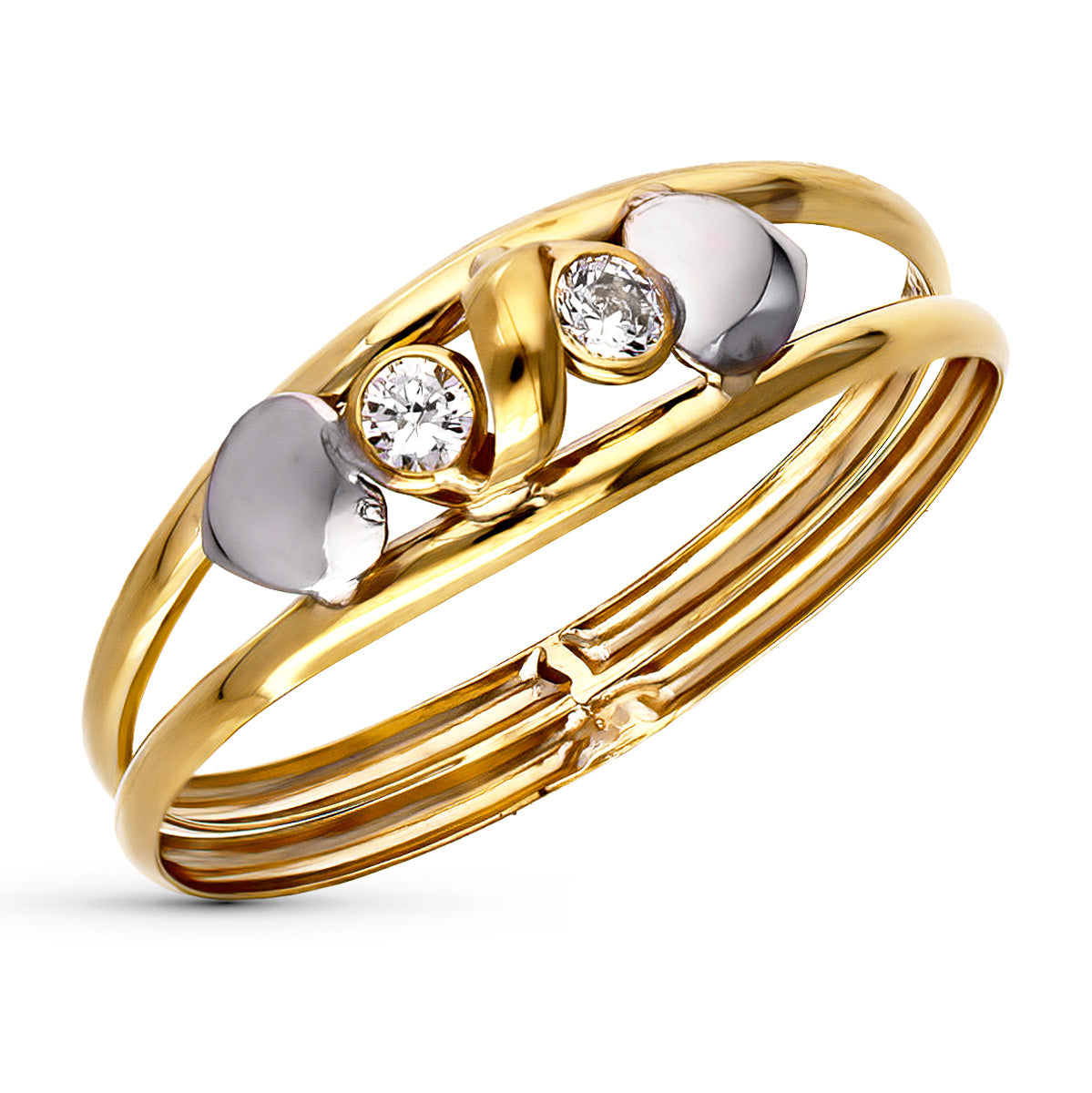 Dobbelt kropsring i 9K tofarvet guld med zirkon og hjerter. Bredde: 6 mm