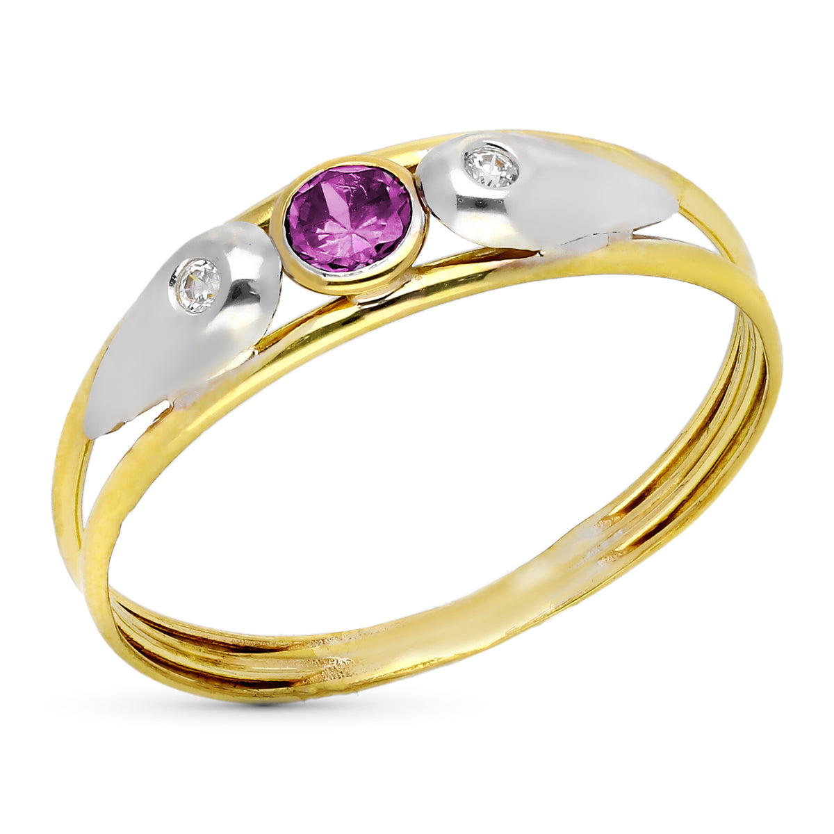 Anillo Doble Cuerpo en Oro Bicolor de 9 Quilates con Circonita Redonda Amatista Ancho: 5,5 mm