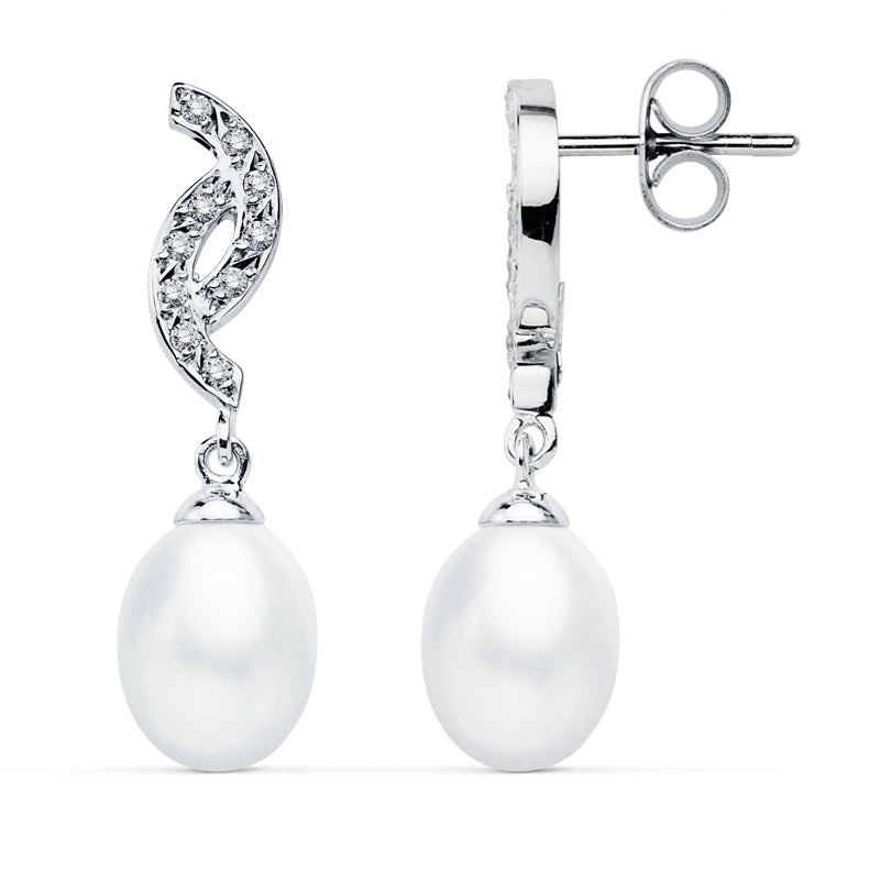9K Boucles d'oreilles Perle en Or Blanc. 30X9 mm Fermoir Poussettes Papillon
