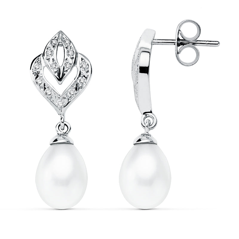 9K Boucles d'oreilles Perle en Or Blanc. 28X10 mm Fermoir Poussettes Papillon