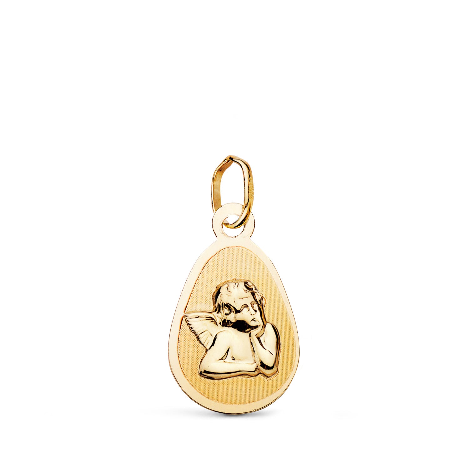 Médaille en Or Jaune 9K, Angel Burlon, en Forme de Larme, Finition Mate et Brillante. Dimensions : 17 X 10 mm
