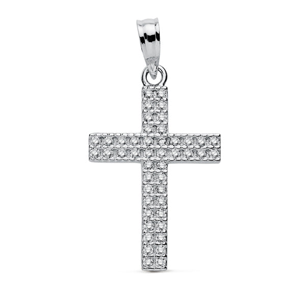 9K Pendentif Croix en Or Blanc et Oxydes de Zirconium. 19X15 mm